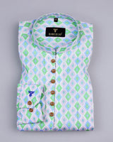 Green And Blue Geometric Pattern Linen Cotton Shirt Style Kurta