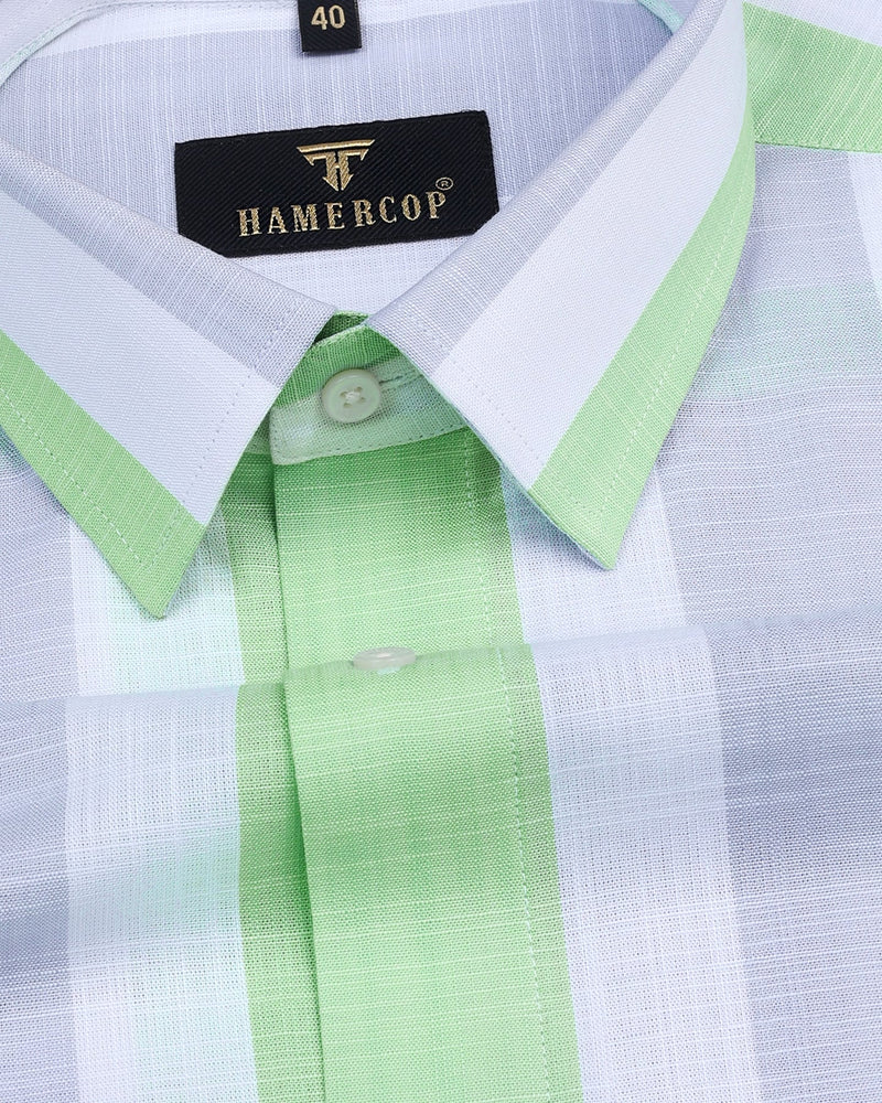 CozmoG With Gray And Green Broad Stripe Linen Cotton Shirt