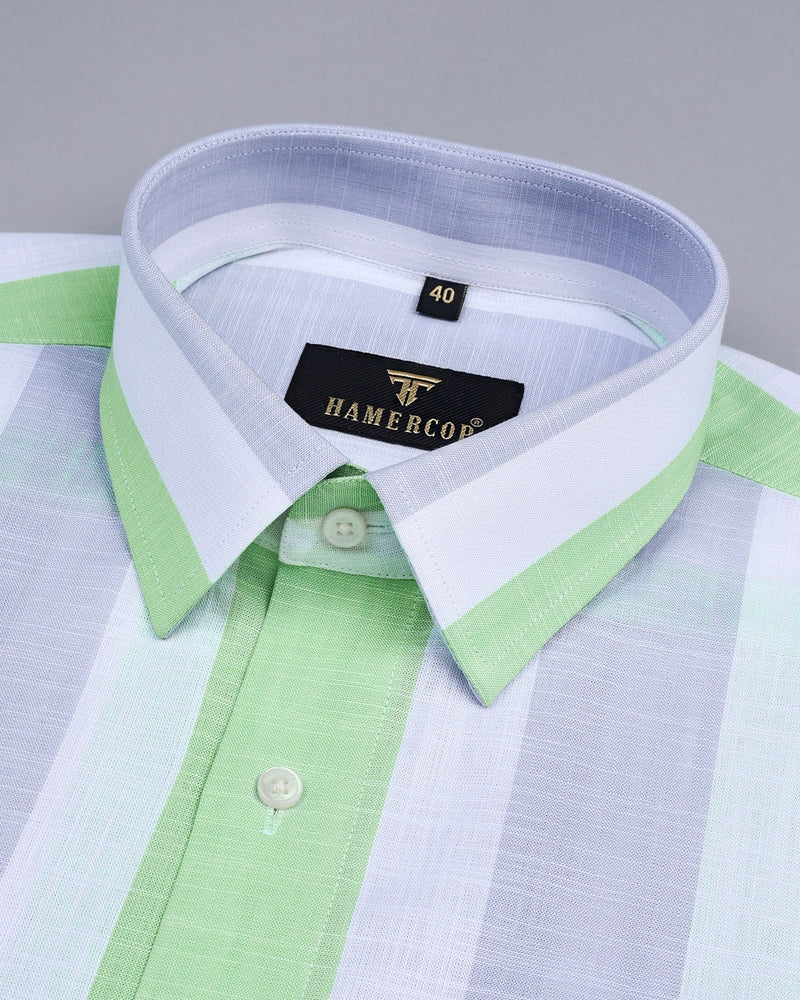 CozmoG With Gray And Green Broad Stripe Linen Cotton Shirt