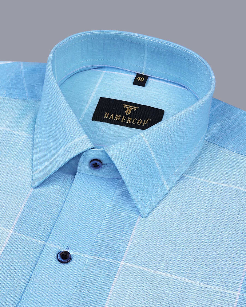 Spanish Sky With Aqua Blue Linen Cotton Check Shirt