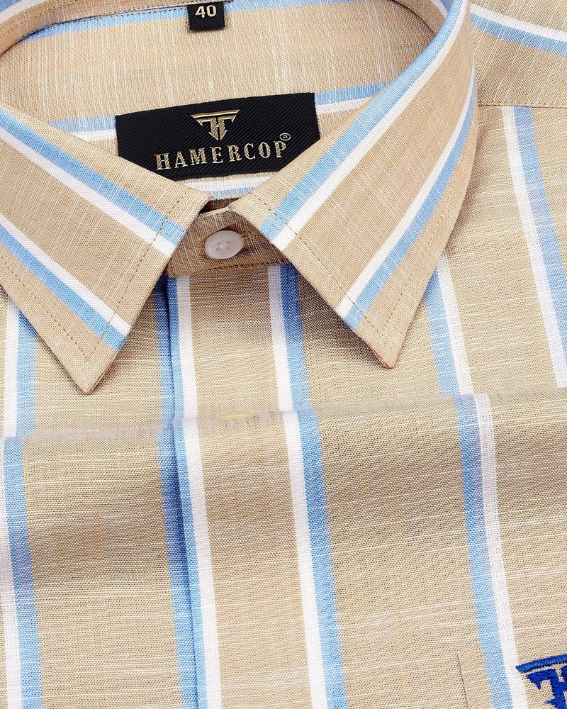 Zion Cream With Blue Stripe Linen Cotton Formal Shirt