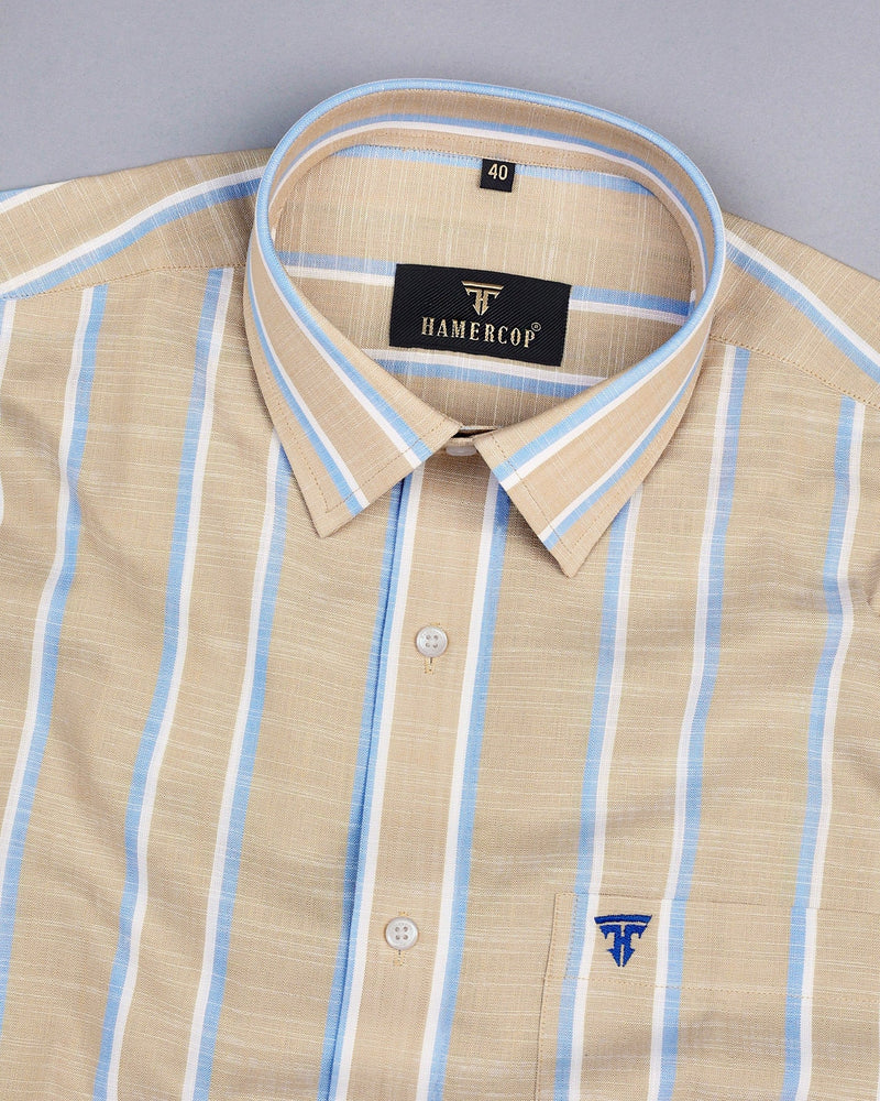 Zion Cream With Blue Stripe Linen Cotton Formal Shirt