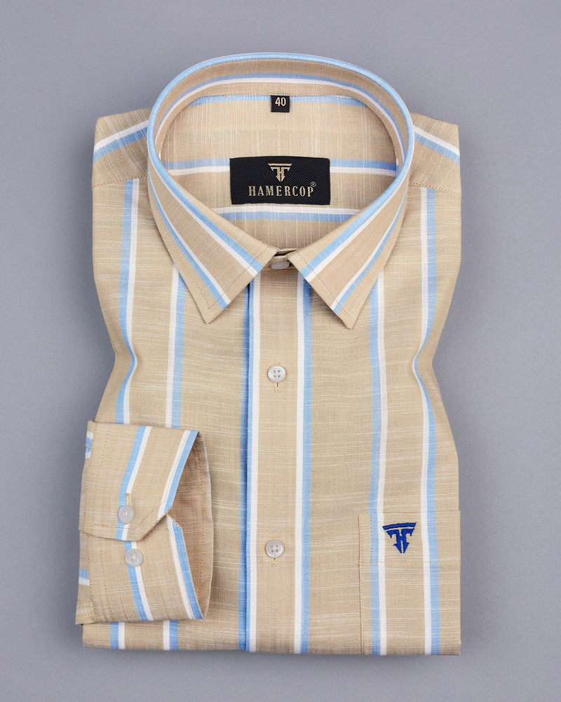 Zion Cream With Blue Stripe Linen Cotton Formal Shirt