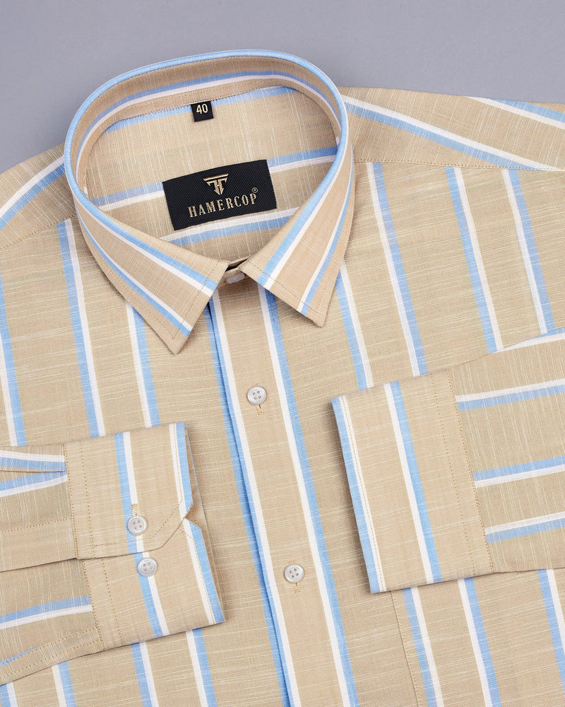 Zion Cream With Blue Stripe Linen Cotton Formal Shirt