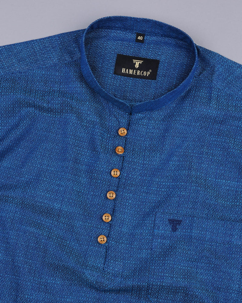 Magnetic Blue Pattern Printed Dobby Cotton Shirt Style Kurta