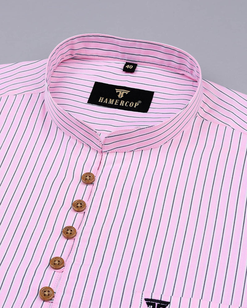 Pink With Navyblue Striped Cotton Shirt Style Kurta