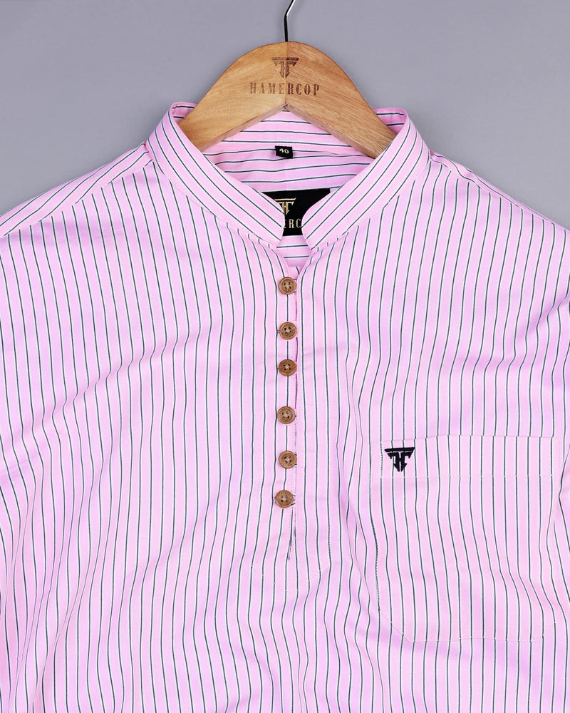 Pink With Navyblue Striped Cotton Shirt Style Kurta