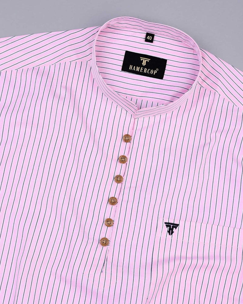 Pink With Navyblue Striped Cotton Shirt Style Kurta