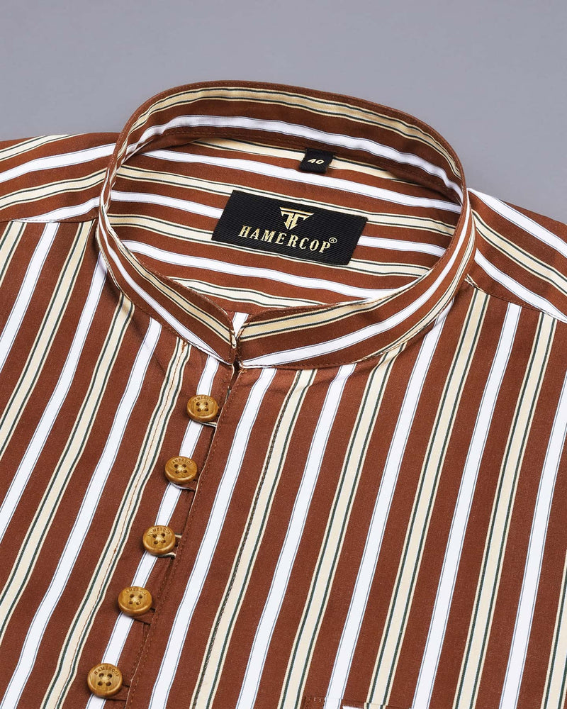 Hickory Brown Multicolor Striped Cotton Shirt Style Kurta