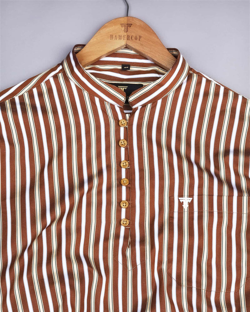 Hickory Brown Multicolor Striped Cotton Shirt Style Kurta