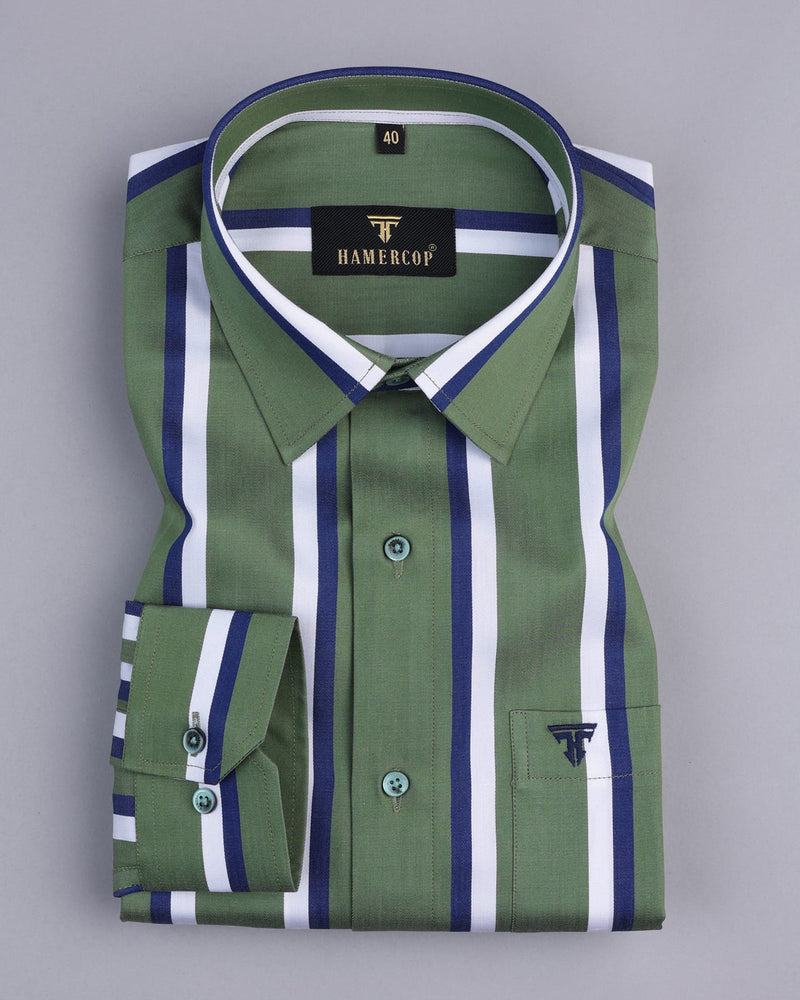 Chicory Green With Blue Twill Striped Premium Cotton Shirt