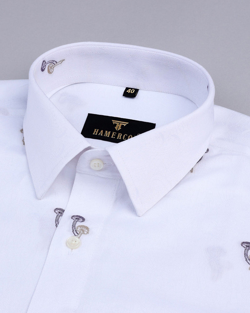 White Mashroom Printed Jacquard Gizza Cotton Shirt