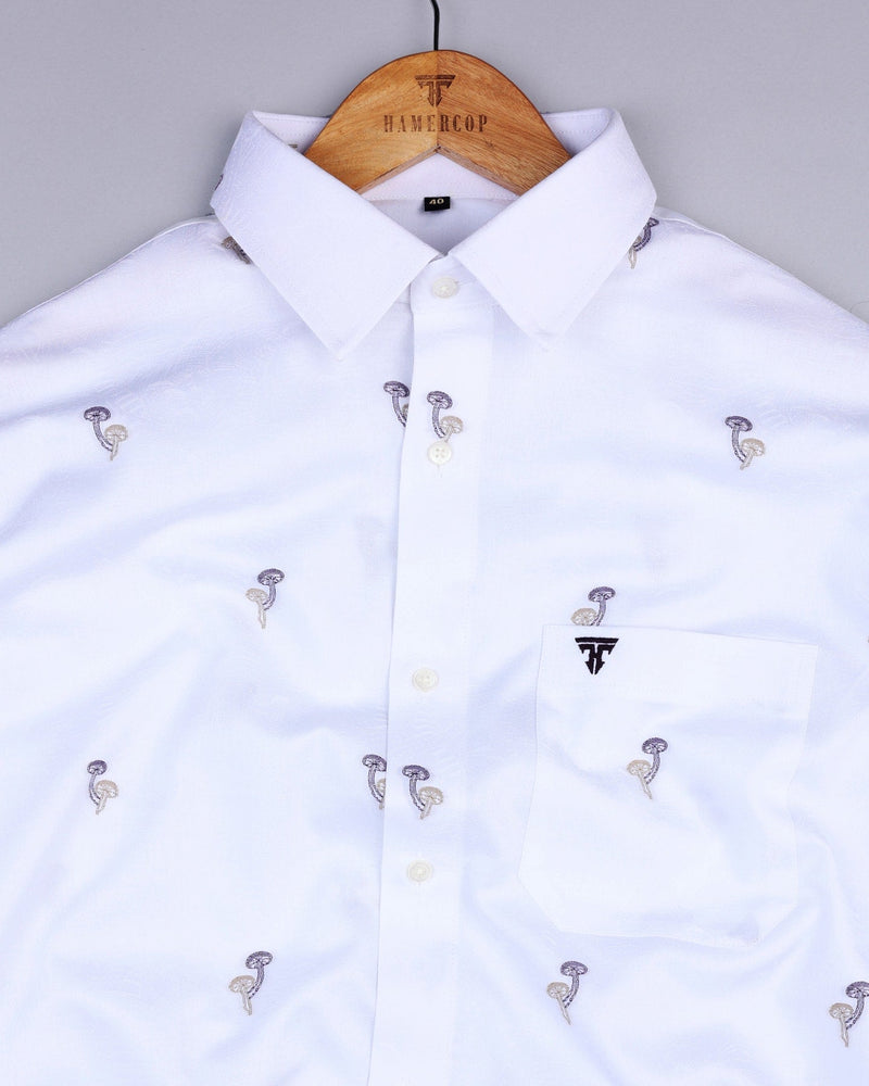 White Mashroom Printed Jacquard Gizza Cotton Shirt