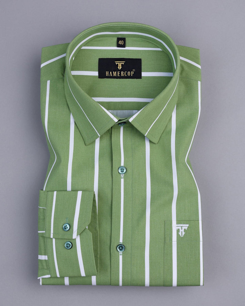 Broccoli Green And White Broad Stripe Premium Cotton Shirt