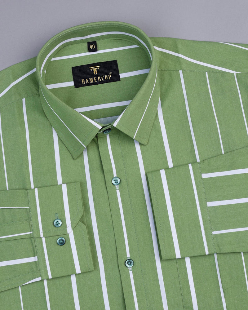 Broccoli Green And White Broad Stripe Premium Cotton Shirt