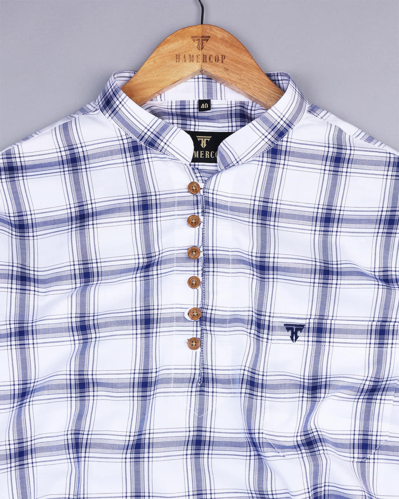 Sparko White With Blue Twill Check Cotton Shirt Style Kurta