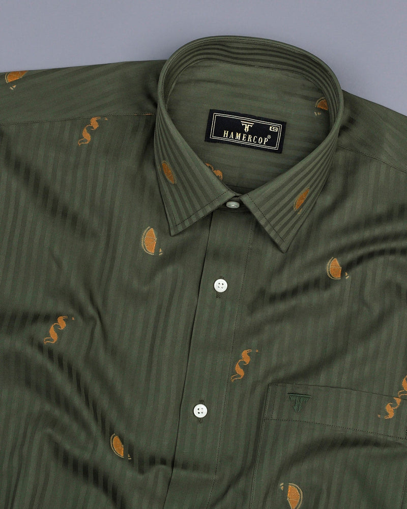 Coriander Green Jacquard Pattern Self Stripe Gizza  Shirt