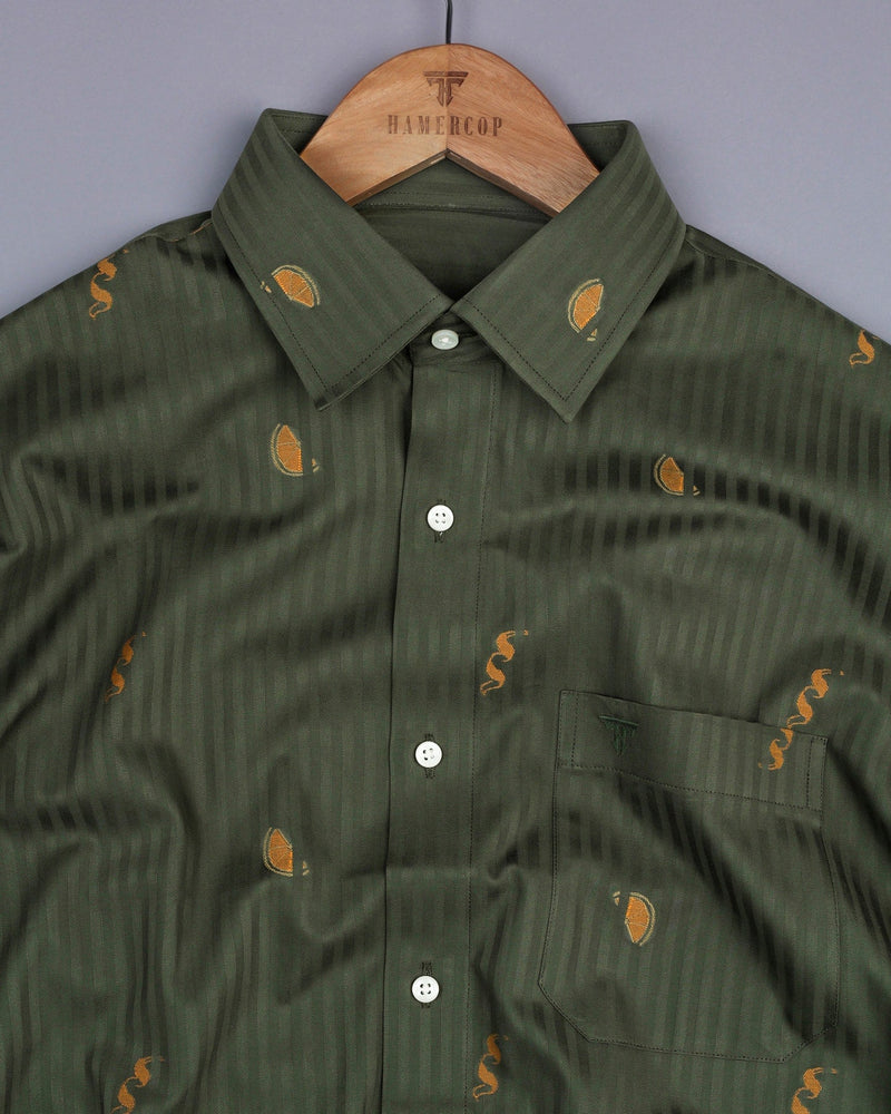 Coriander Green Jacquard Pattern Self Stripe Gizza  Shirt