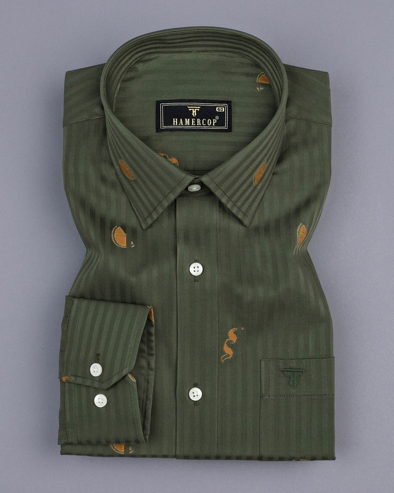 Coriander Green Jacquard Pattern Self Stripe Gizza  Shirt