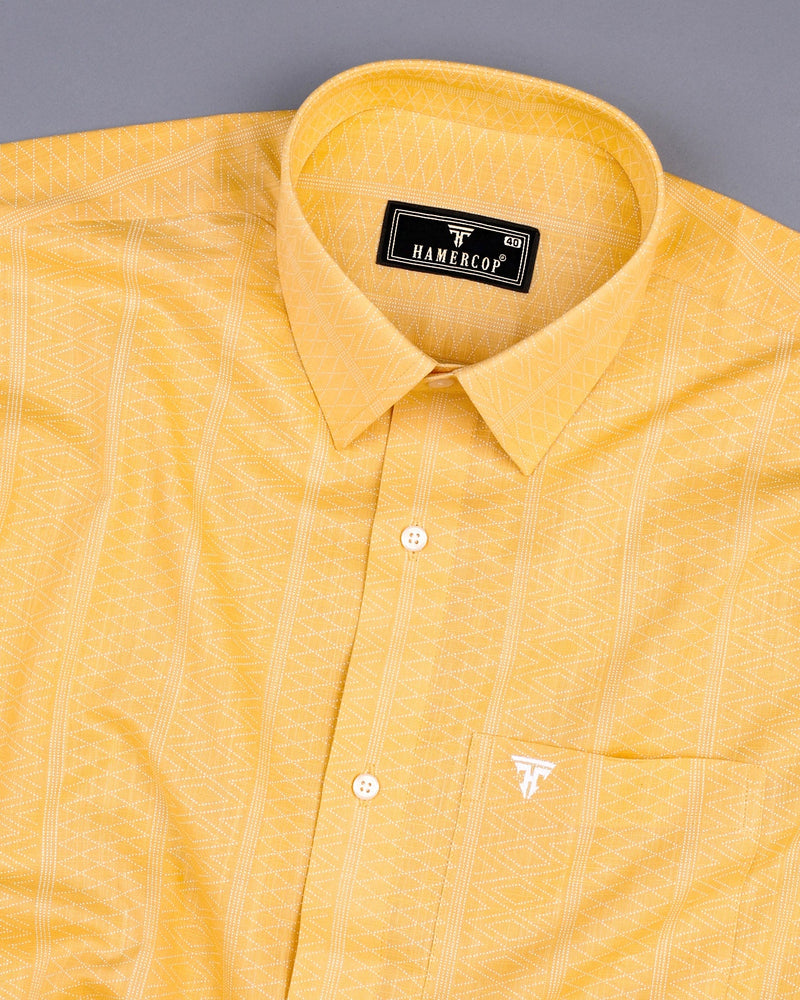 Midas Yellow With White Geometrical Printed Linen Cotton Shirt