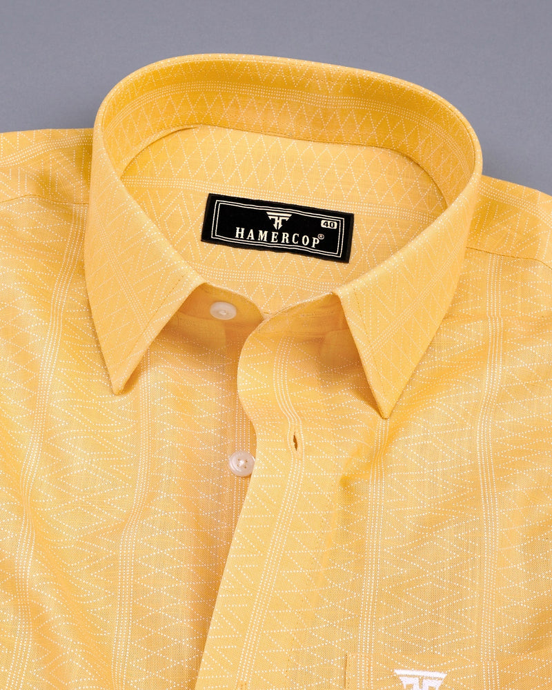 Midas Yellow With White Geometrical Printed Linen Cotton Shirt