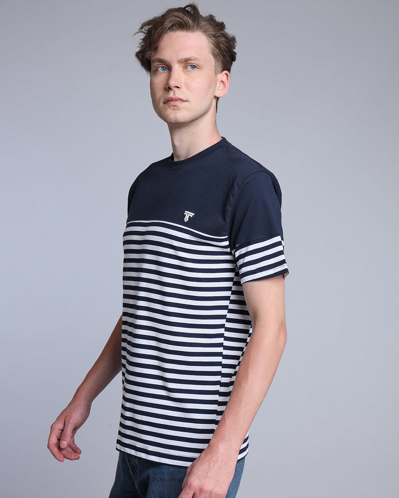 Twilight NavyBlue With White Stripe Premium Cotton Designer T-shirt