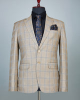 Brownish Grey Windowpane Check Single Breasted Blazer