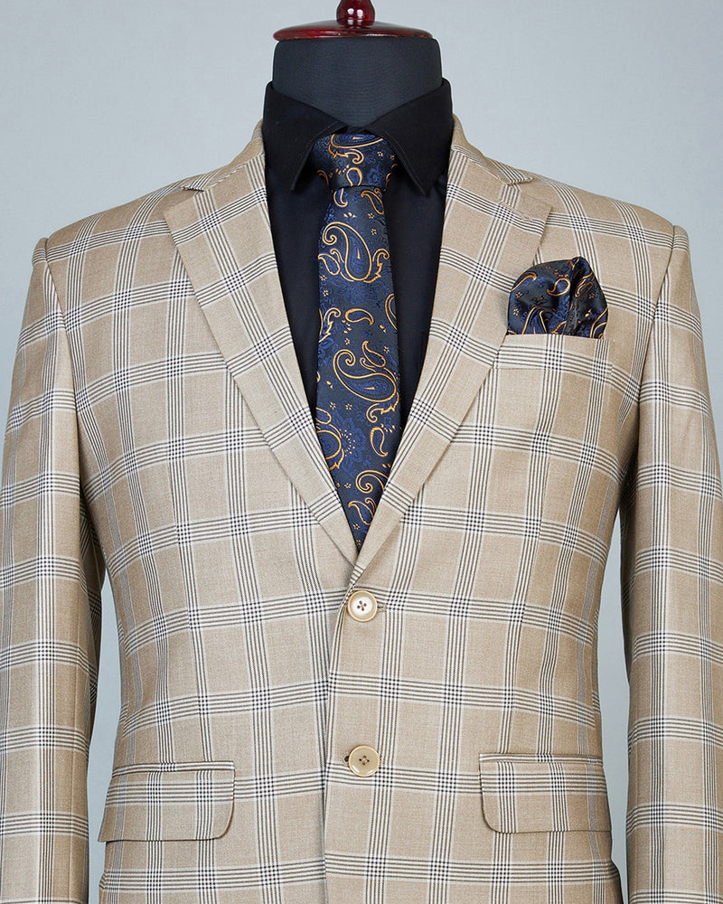 Brownish Grey Windowpane Check Single Breasted Blazer