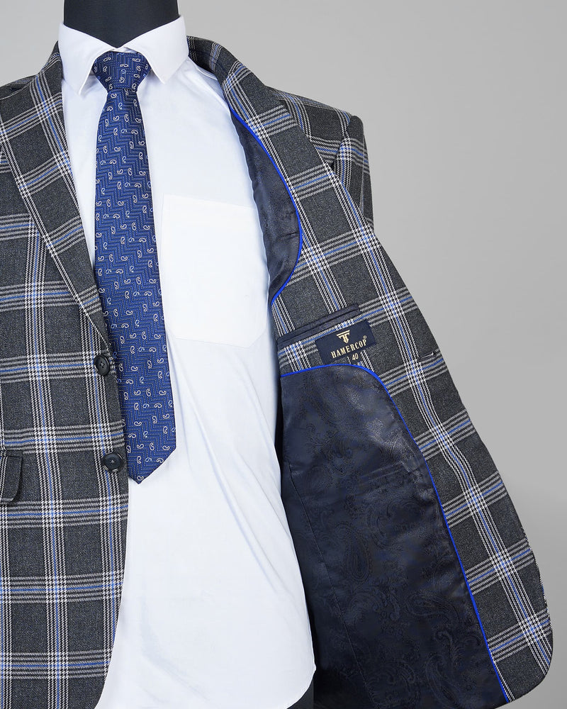 Lush Grey With Blue Windowpane Wool Rich Blazer