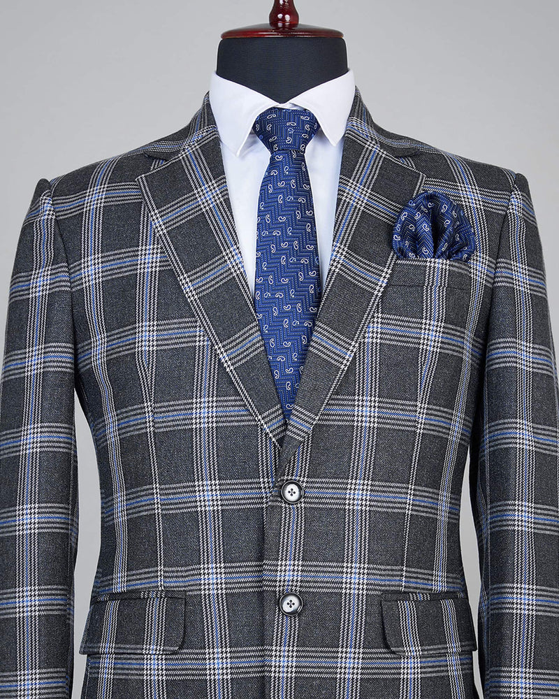 Lush Grey With Blue Windowpane Wool Rich Blazer