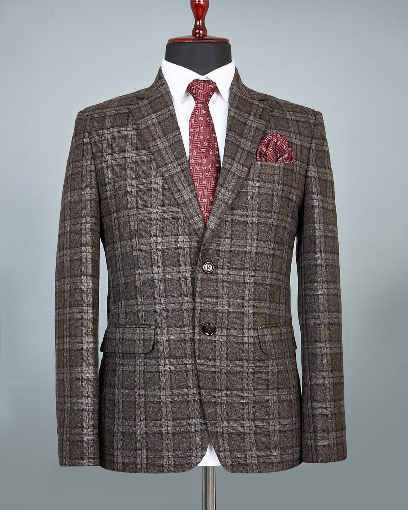 Zordic Brown Checkered Wool Rich Single Breasted Blazer