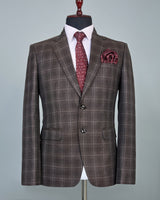 Trout Brown Checkered Wool Rich Single Breasted Blazer