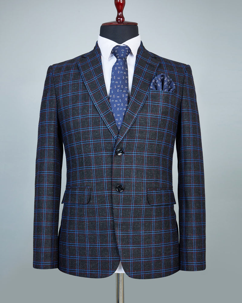 Jet Black Windowpane Blue Checkered Wool Rich Blazer