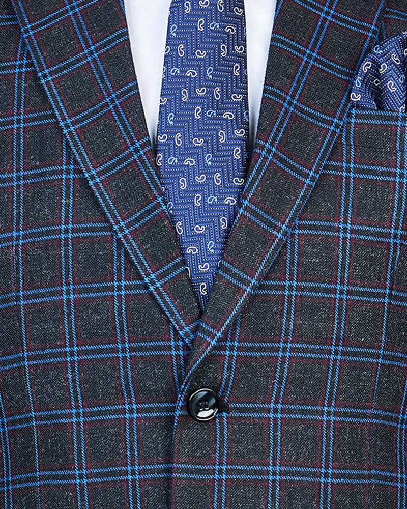 Jet Black Windowpane Blue Checkered Wool Rich Blazer