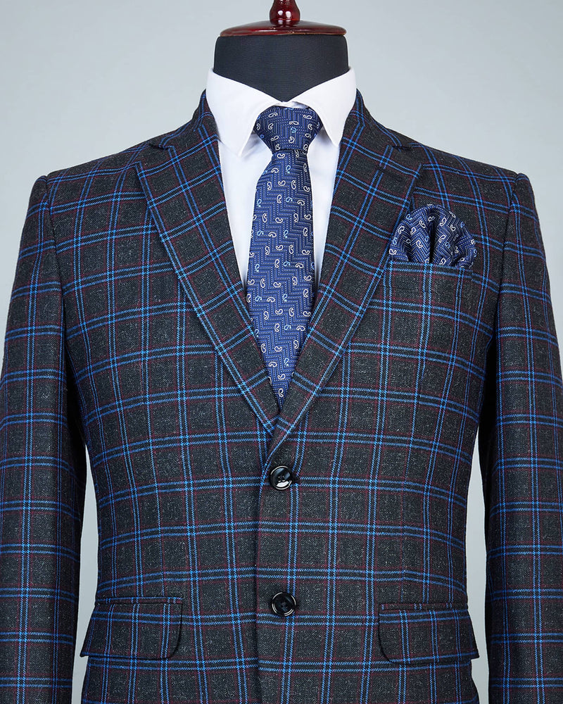 Jet Black Windowpane Blue Checkered Wool Rich Blazer