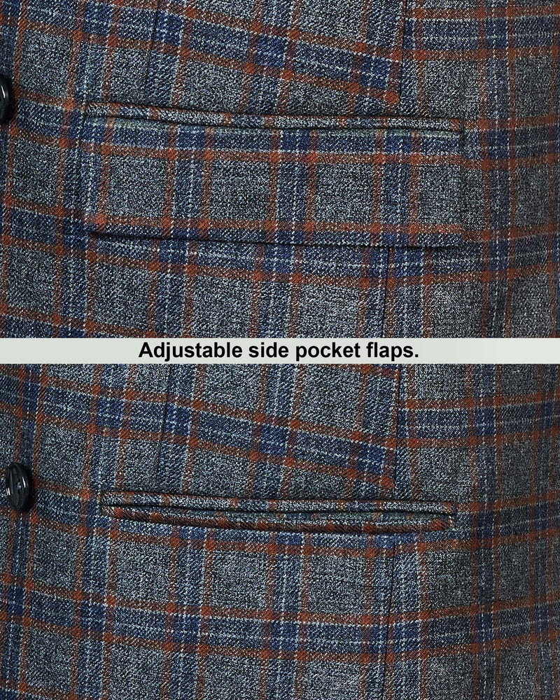 Shark Grey Windowpane Checkered Double Breasted Blazer