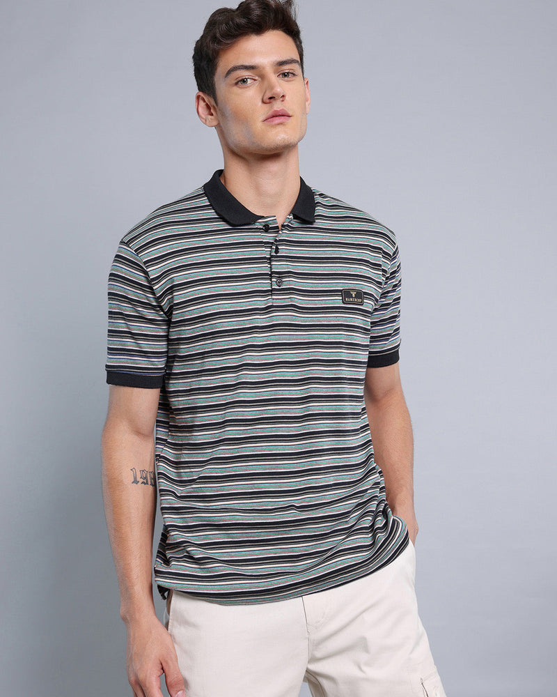 Black With Green Multicolor Striped Supersoft Smart Polo T-Shirt