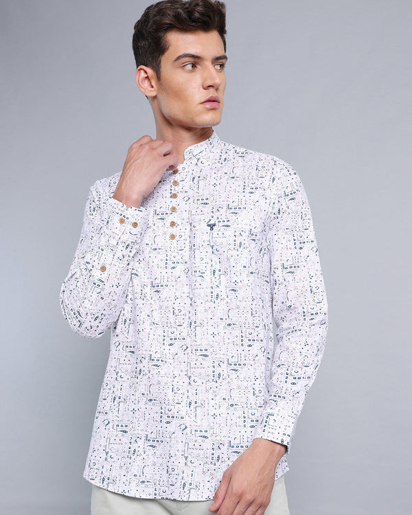 Cream Floral Paisley Printed Oxford White Shirt Style Kurta